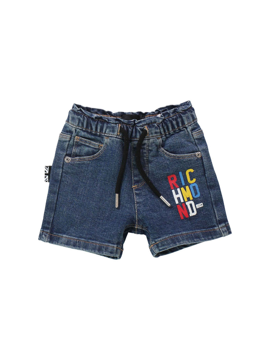 Shorts in denim con logo multicolor e lacci