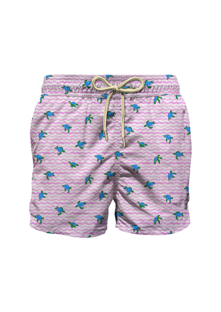 Shorts da mare rosa con fantasia tartarughe azzurre