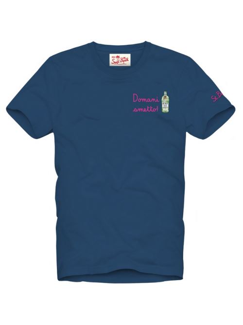 T-shirt blu in cotone con scritta "Domani smetto"