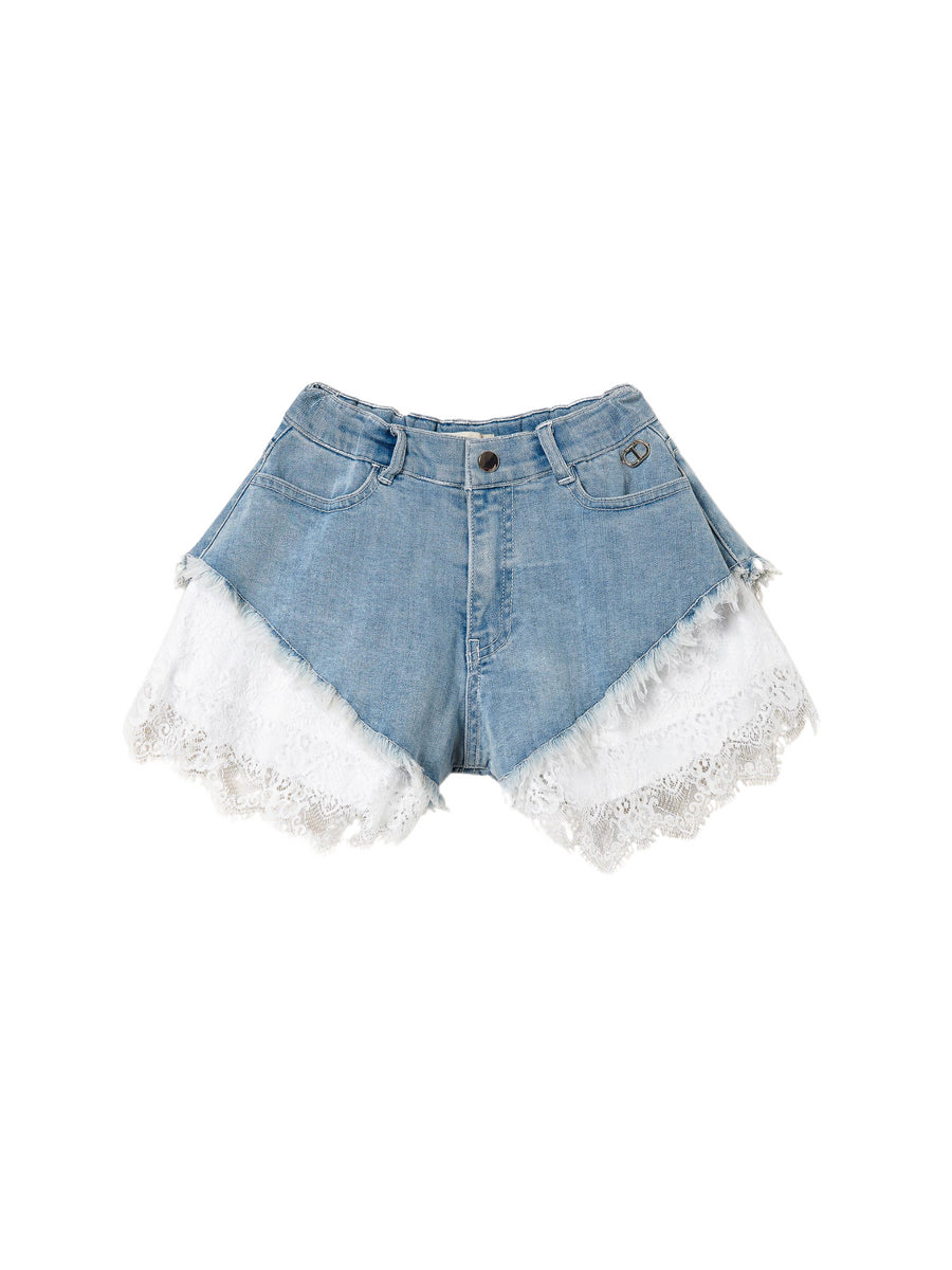 Shorts in jeans con balze in pizzo